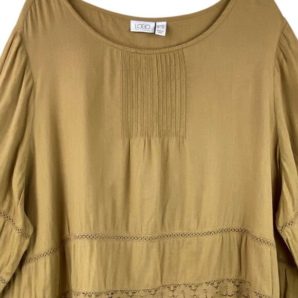 Logo 100% Cotton Tiered Tunic Top Size 28W Brown Mustard Lightweight Boho Lace - Picture 2 of 8